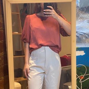 Burnt orange blouse with puff sleeves